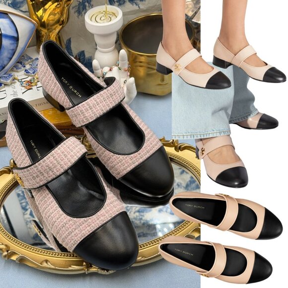 🆕 TORY BURCH 🧿 NWOB Mary Jane Heeled Ballet Flat, Pink Tweed, Sz 8 *SAMPLE*